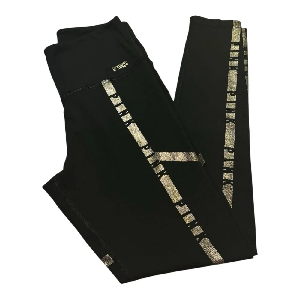 Pink Black Leggings with Gold Accents - Picture 1 of 9